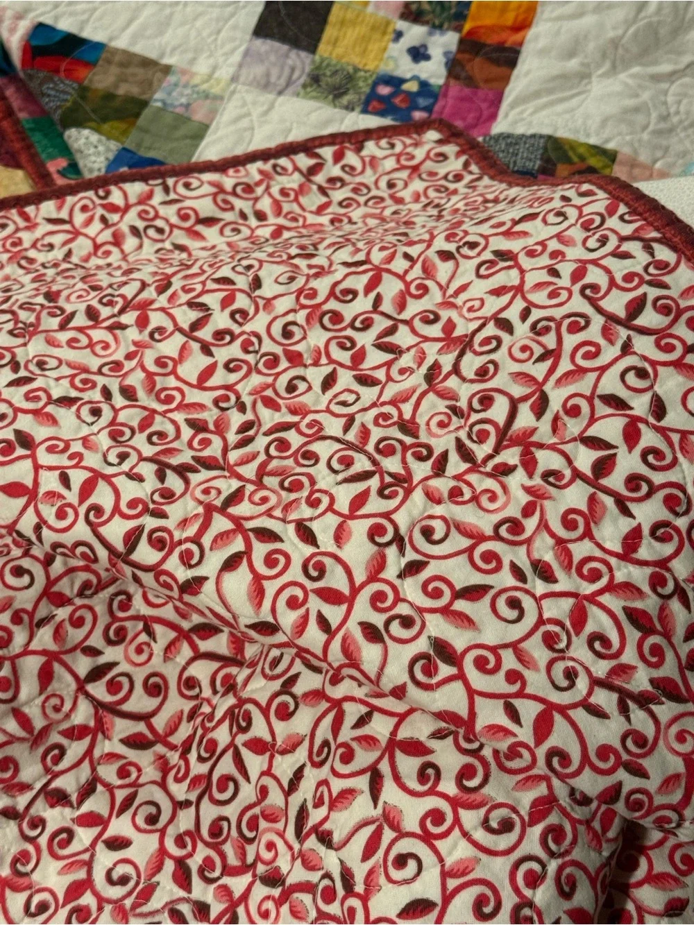 Vintage Multicolor Patchwork Quilt with Red Border
